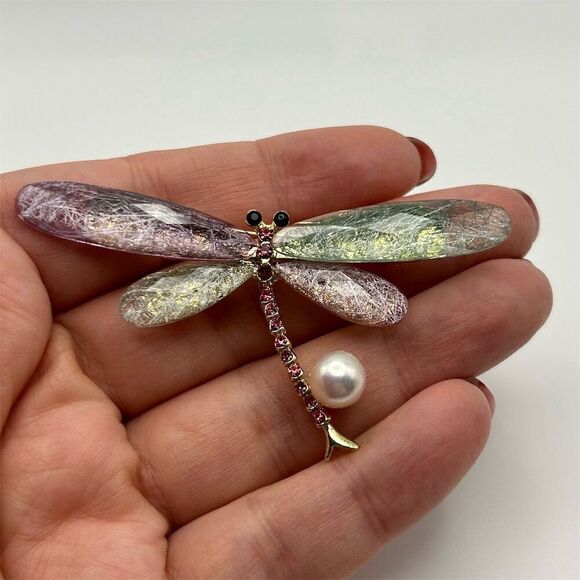 Dragonfly Brooch Multicolor Rhinestones Faux Freshwater Pearl Gift Nature Pretty - Picture 2 of 8